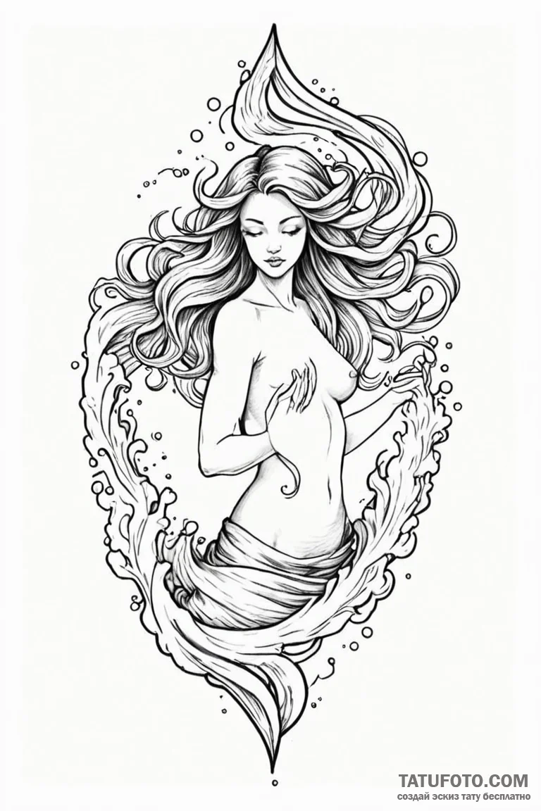 Tattoo sketch aquarius's wavy glyph, flowing... - эскиз тату (№1750889856_1, 25.06.2025 22:17) — Tatufoto.com