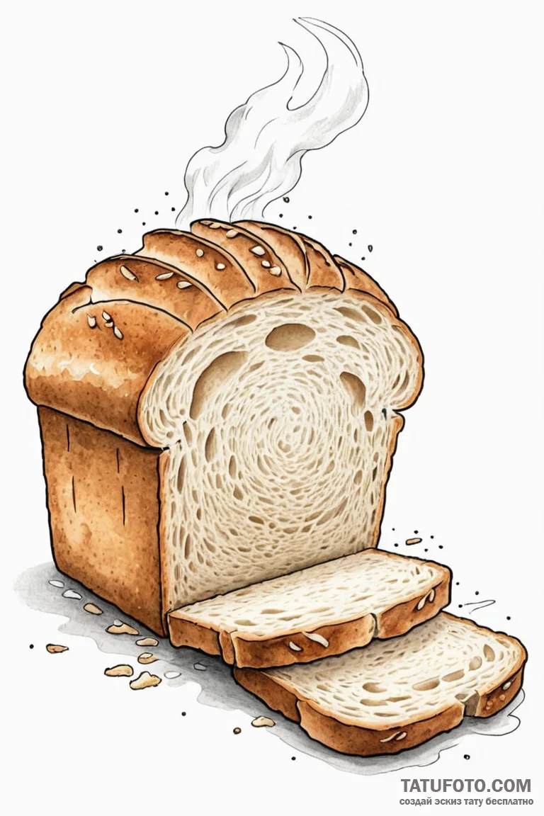 A close-up of a fresh loaf of bread being sli... - эскиз тату (№1750890871_0, 25.06.2025 22:34) — Tatufoto.com