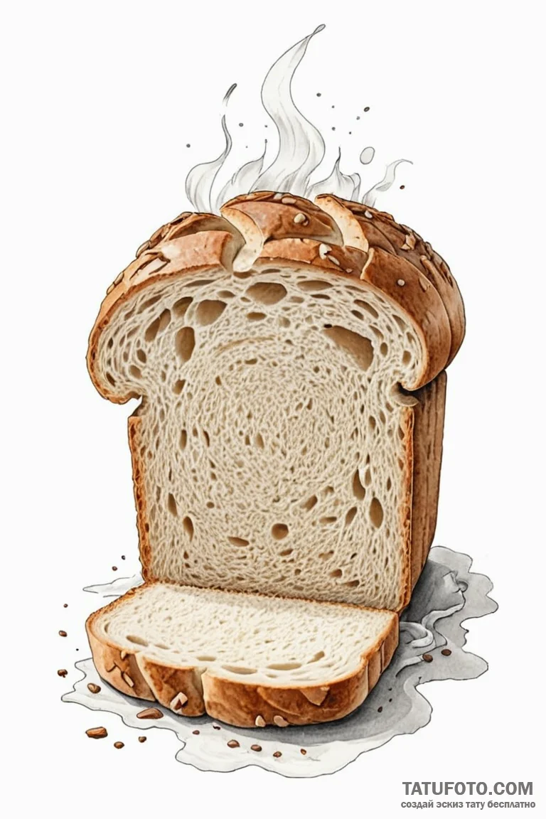 A close-up of a fresh loaf of bread being sli... - эскиз тату (№1750890871_1, 25.06.2025 22:34) — Tatufoto.com