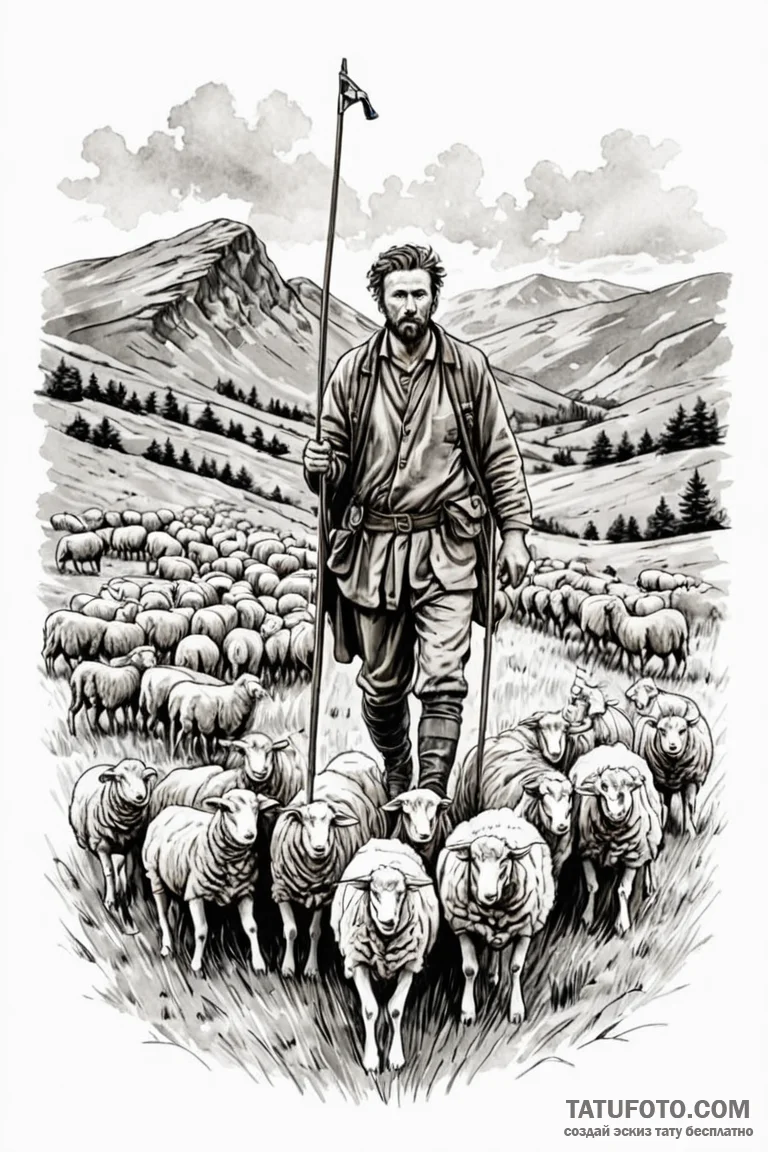 A shot of a shepherd guiding a flock of sheep... - эскиз тату (№1750891552_0, 25.06.2025 22:45) — Tatufoto.com
