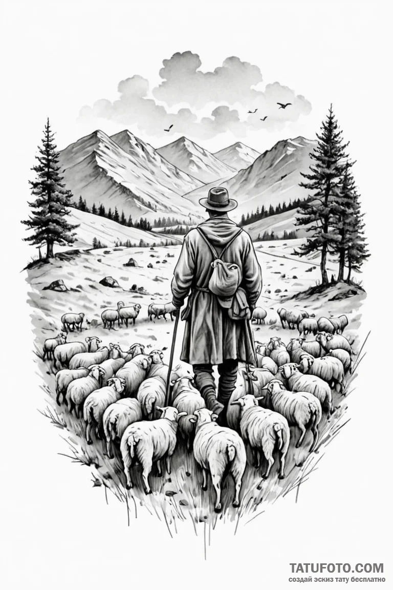 A shot of a shepherd guiding a flock of sheep... - эскиз тату (№1750891552_1, 25.06.2025 22:45) — Tatufoto.com