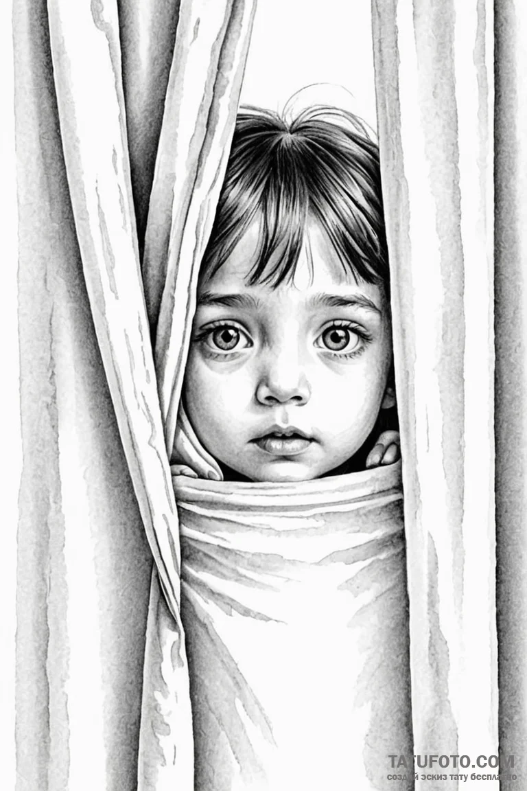 A close-up of a child's face peeking from beh... - эскиз тату (№1750892544_0, 25.06.2025 23:02) — Tatufoto.com