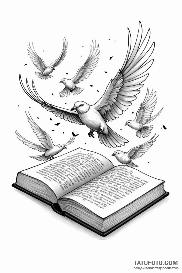 Tattoo design a book whose pages turn into bi... - эскиз тату (№1750893342_1, 25.06.2025 23:15) — Tatufoto.com