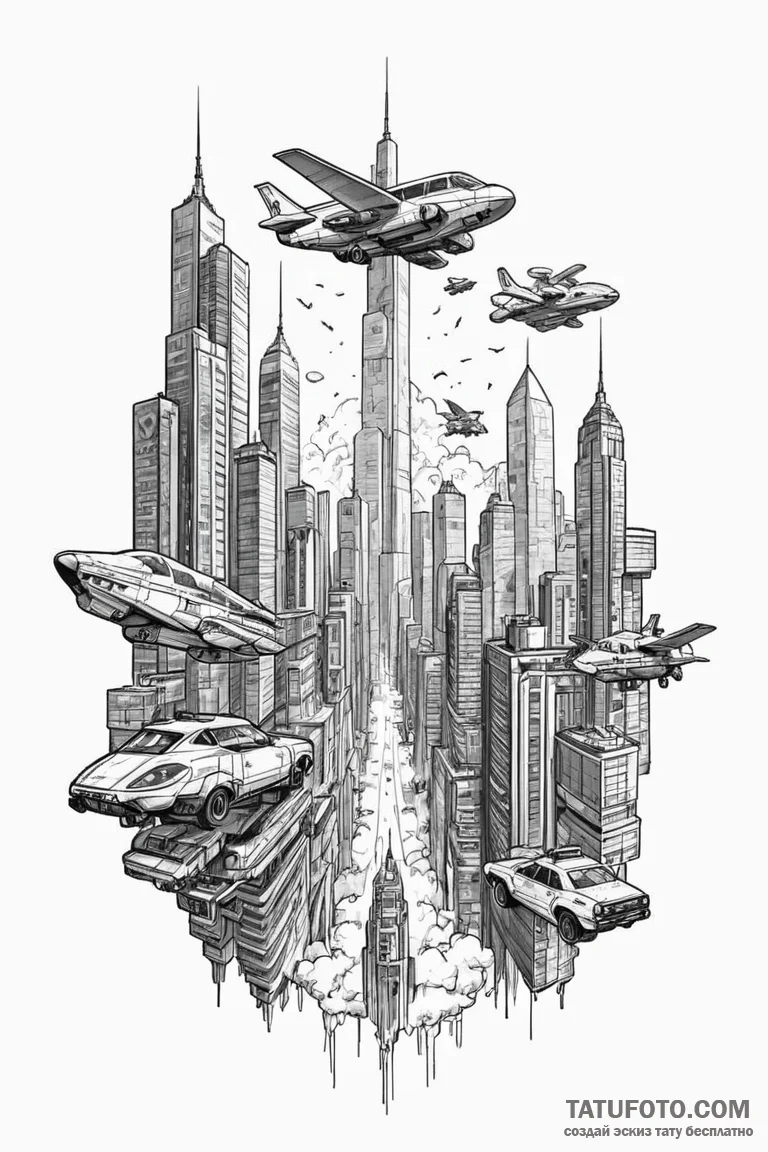 Tattoo design a retro pixelated cityscape wit... - эскиз тату (№1750893476_0, 25.06.2025 23:17) — Tatufoto.com