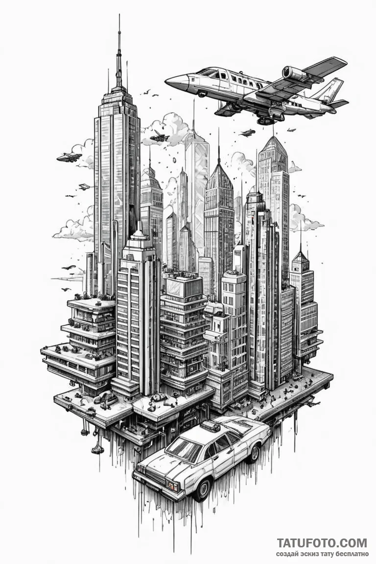 Tattoo design a retro pixelated cityscape wit... - эскиз тату (№1750893476_1, 25.06.2025 23:17) — Tatufoto.com