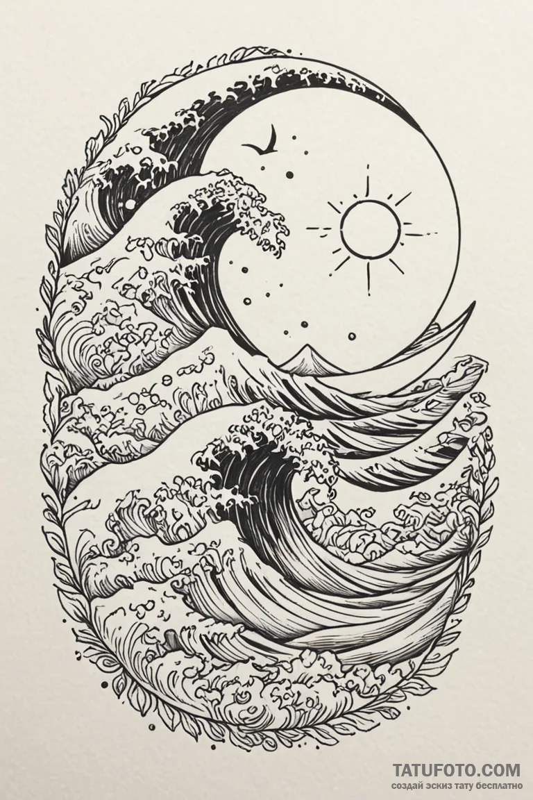 Tattoo design a wave and a sun, representing... - эскиз тату (№1750897160_1, 26.06.2025 00:19) — Tatufoto.com