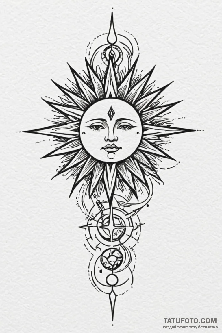 Tattoo sketch: a kolovrat integrated into a s... - эскиз тату (№1750899731_0, 26.06.2025 01:02) — Tatufoto.com