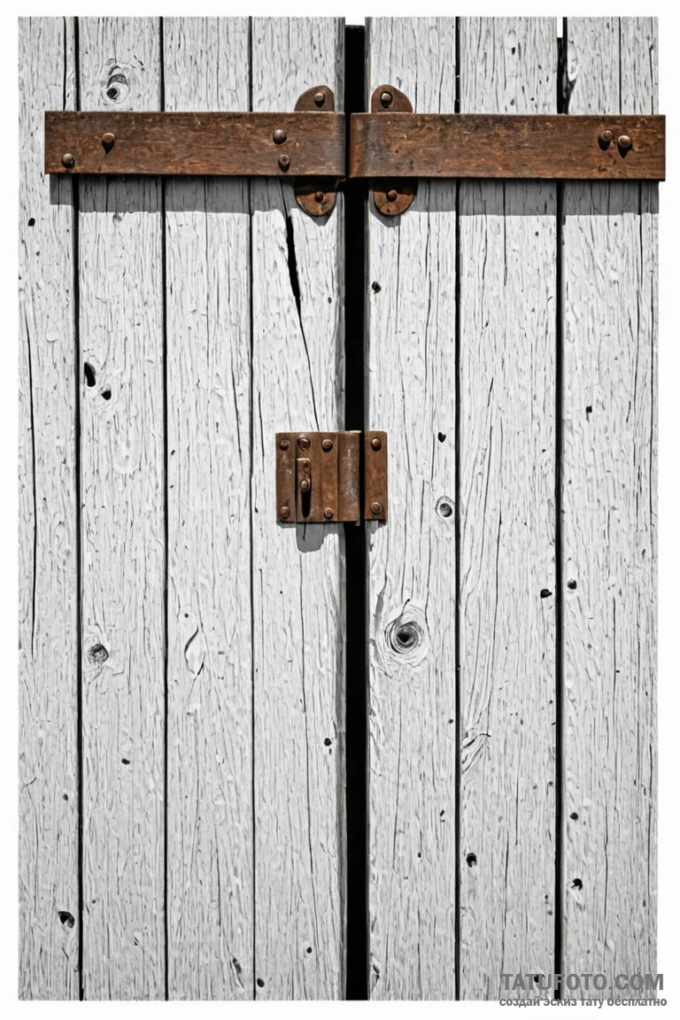 A shot of an old, weathered barn door with a... - эскиз тату (№1750900790_0, 26.06.2025 01:19) — Tatufoto.com
