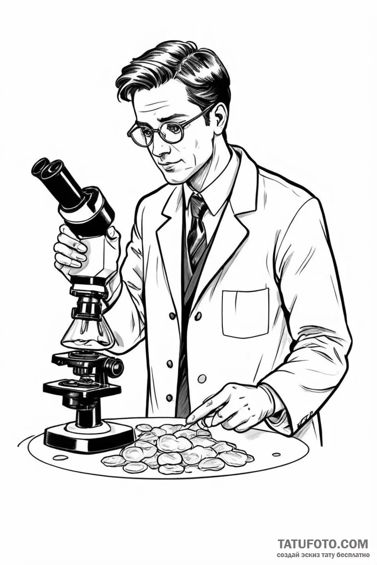 A scientist in a lab coat, looking at a petri... - эскиз тату (№1750903207_0, 26.06.2025 02:00) — Tatufoto.com