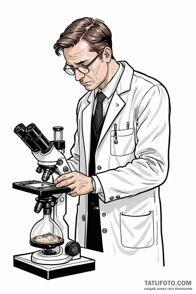 A scientist in a lab coat, looking at a petri... - эскиз тату (№1750903207_1, 26.06.2025 02:00) — Tatufoto.com