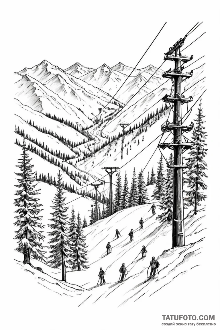 The view from a ski lift, looking down at ski... - эскиз тату (№1750905071_0, 26.06.2025 02:31) — Tatufoto.com