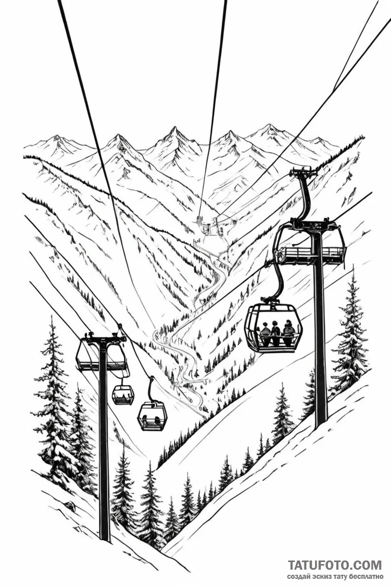 The view from a ski lift, looking down at ski... - эскиз тату (№1750905071_1, 26.06.2025 02:31) — Tatufoto.com