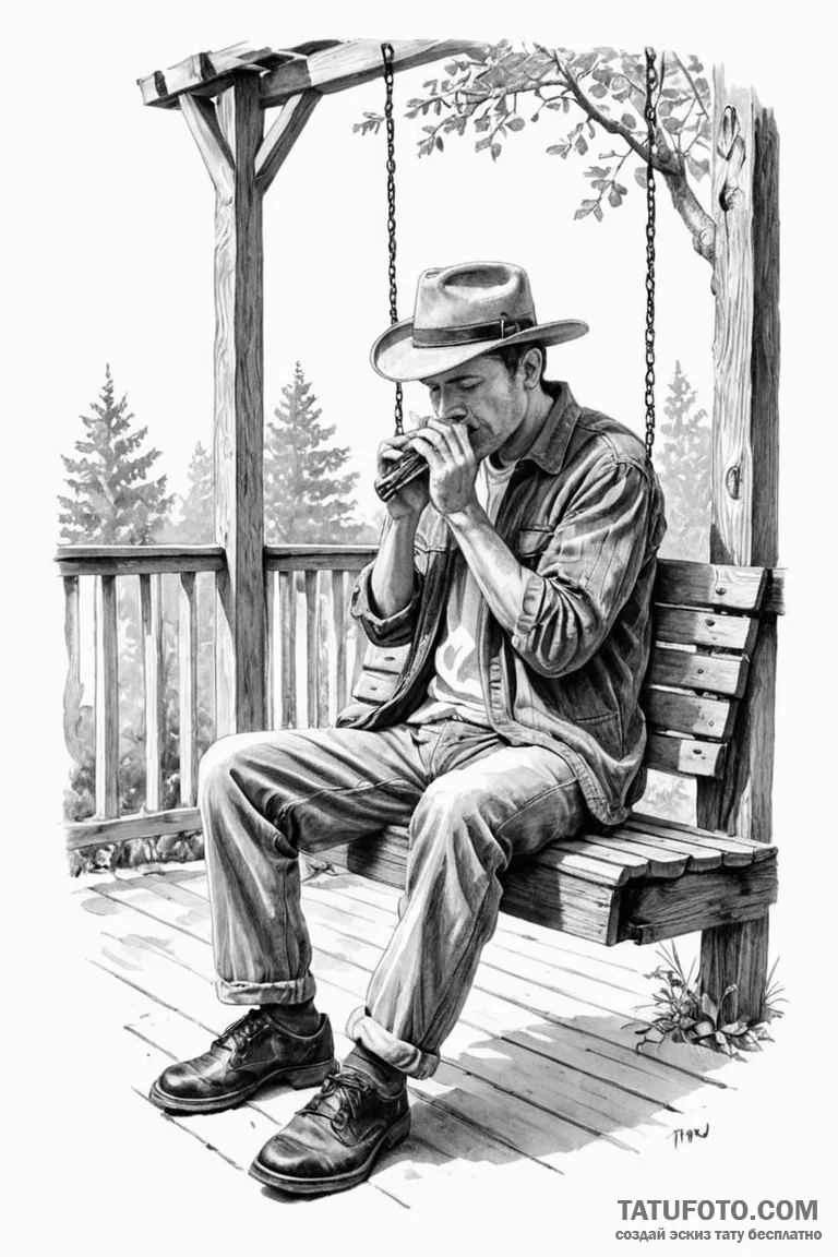 A person playing a harmonica on a porch swing... - эскиз тату (№1750905197_0, 26.06.2025 02:33) — Tatufoto.com