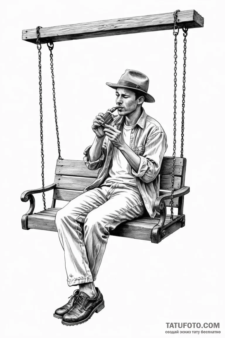 A person playing a harmonica on a porch swing... - эскиз тату (№1750905197_1, 26.06.2025 02:33) — Tatufoto.com