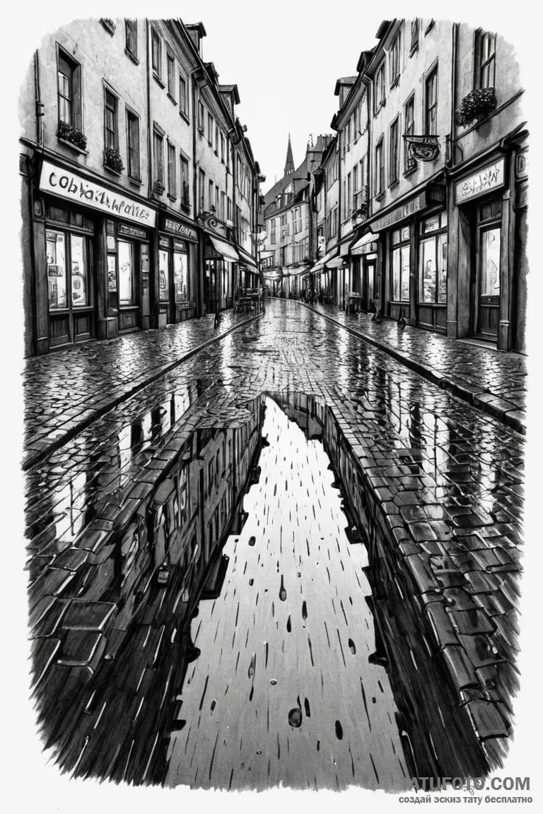 A rain-slicked cobblestone street in a histor... - эскиз тату (№1750906046_0, 26.06.2025 02:47) — Tatufoto.com