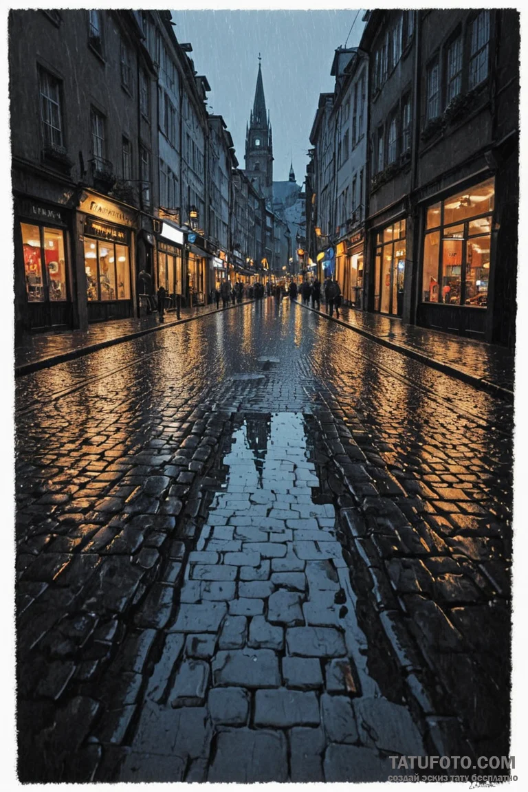 A rain-slicked cobblestone street in a histor... - эскиз тату (№1750906046_1, 26.06.2025 02:47) — Tatufoto.com