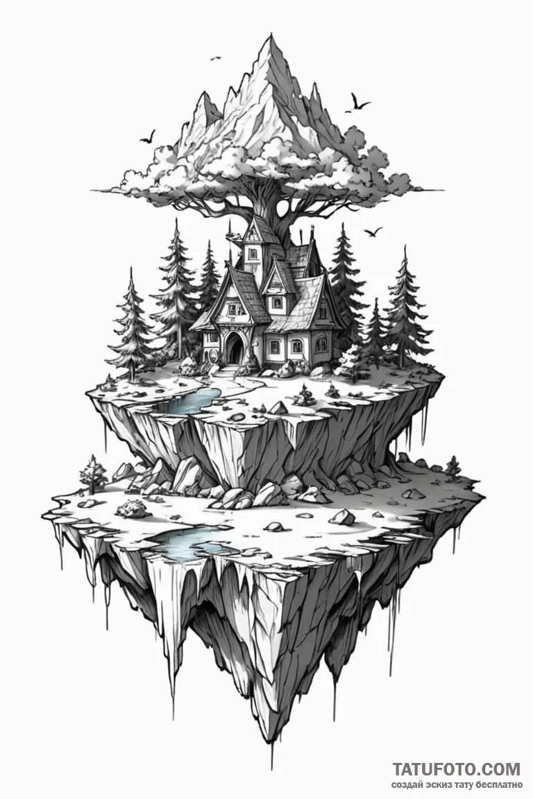 Tattoo design a floating island from a fantas... - эскиз тату (№1750906112_1, 26.06.2025 02:48) — Tatufoto.com