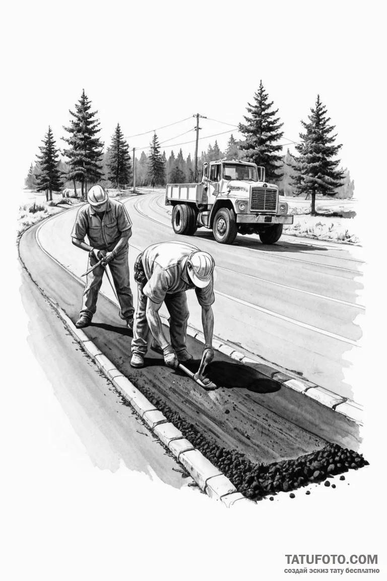 A shot of a road crew laying fresh asphalt. - эскиз тату (№1750907038_0, 26.06.2025 03:03) — Tatufoto.com