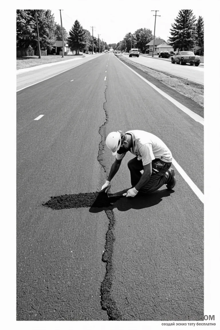 A shot of a road crew laying fresh asphalt. - эскиз тату (№1750907038_1, 26.06.2025 03:03) — Tatufoto.com