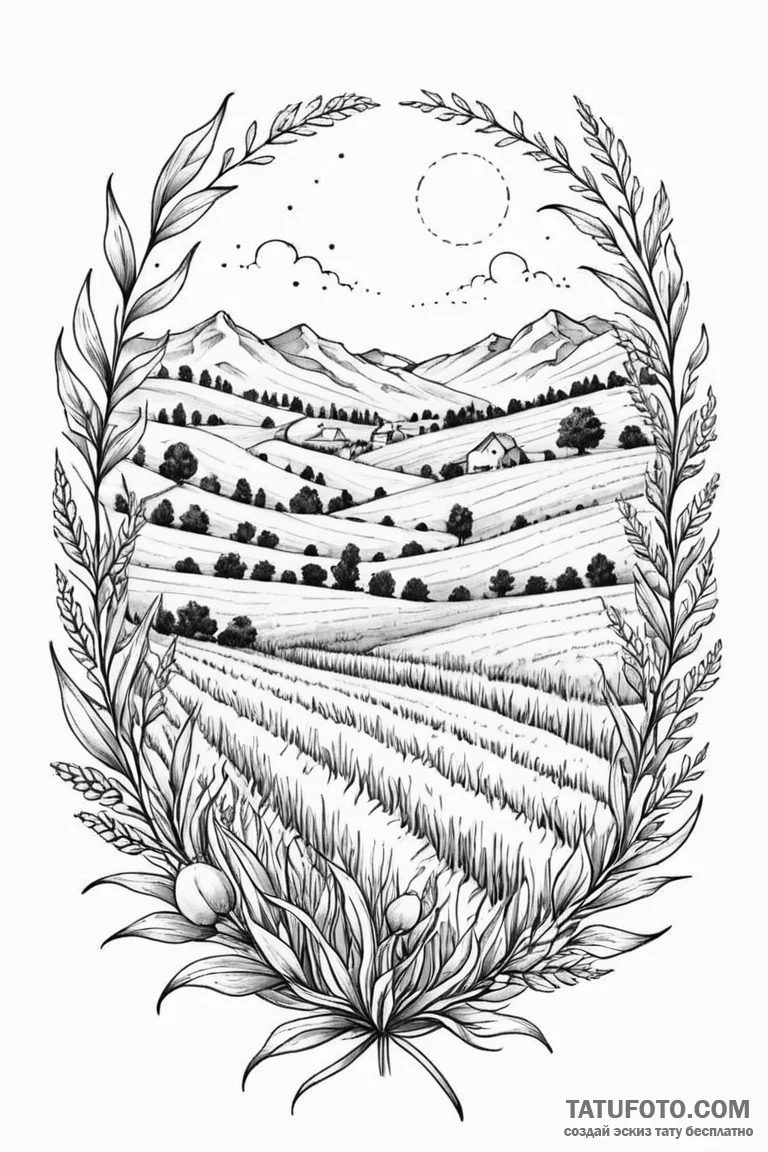 Tattoo design: a landscape of fertile fields... - эскиз тату (№1750909739_0, 26.06.2025 03:48) — Tatufoto.com