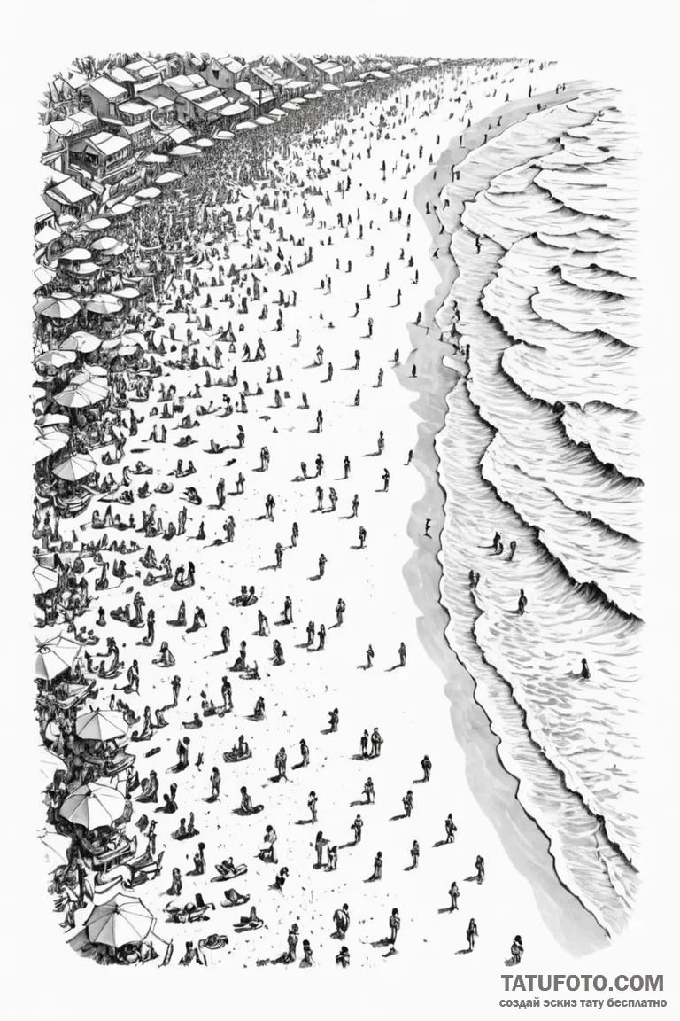 A crowded beach scene, shot from a high angle... - эскиз тату (№1750911564_0, 26.06.2025 04:19) — Tatufoto.com