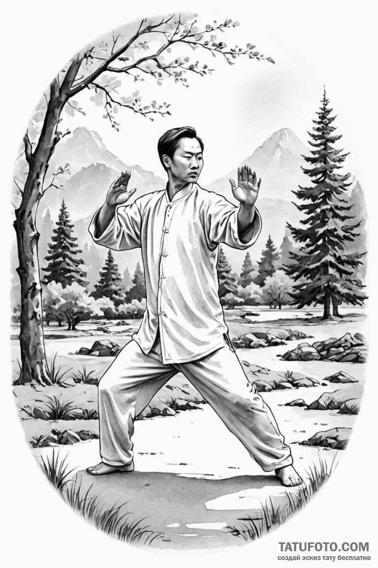 A person practicing tai chi in a tranquil par... - эскиз тату (№1750912439_0, 26.06.2025 04:33) — Tatufoto.com