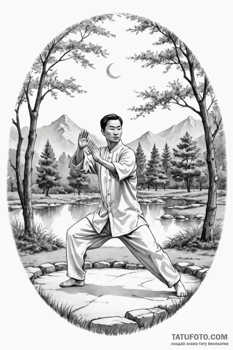 A person practicing tai chi in a tranquil par... - эскиз тату (№1750912439_1, 26.06.2025 04:33) — Tatufoto.com