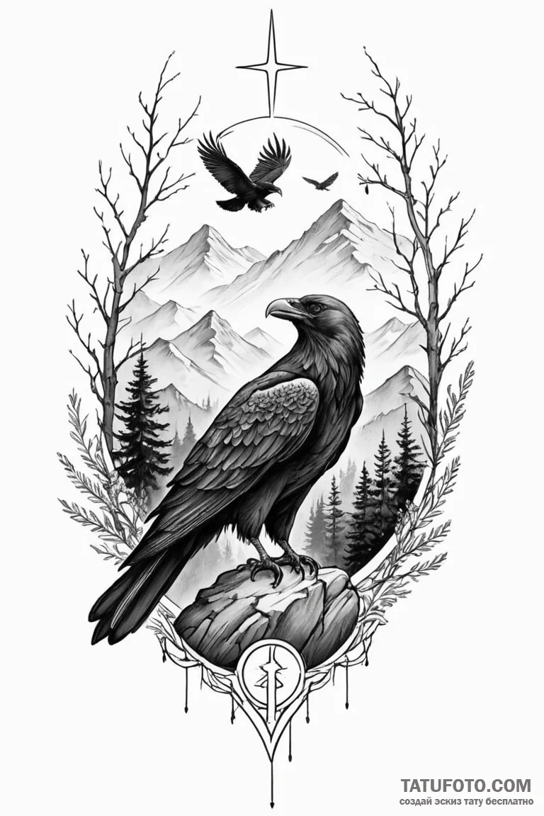 Tattoo design a stylized raven or eagle watch... - эскиз тату (№1750913305_0, 26.06.2025 04:48) — Tatufoto.com
