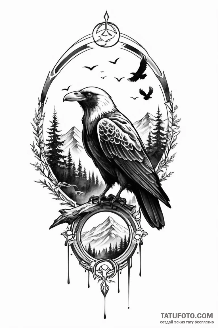 Tattoo design a stylized raven or eagle watch... - эскиз тату (№1750913305_1, 26.06.2025 04:48) — Tatufoto.com