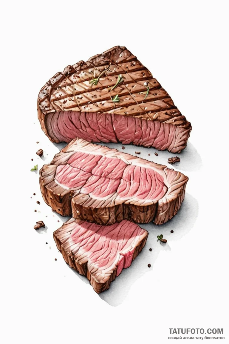 A perfectly grilled steak, sliced to show the... - эскиз тату (№1750914205_0, 26.06.2025 05:03) — Tatufoto.com