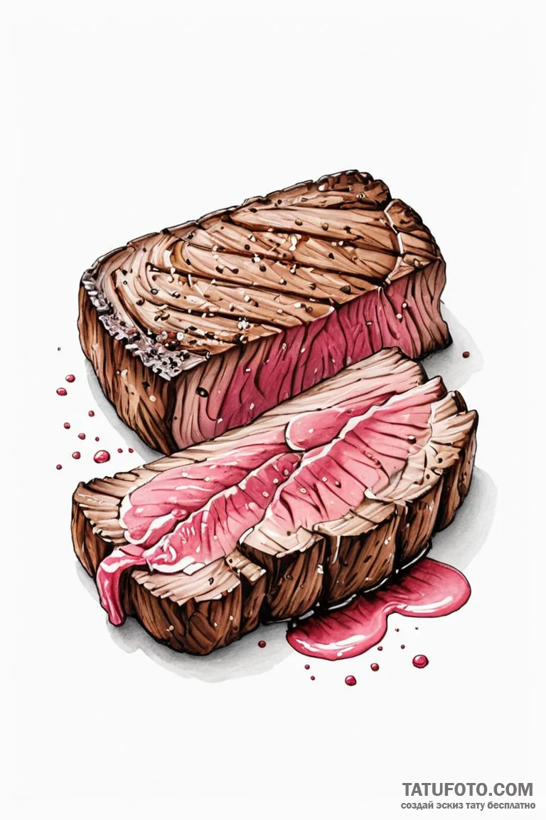 A perfectly grilled steak, sliced to show the... - эскиз тату (№1750914205_1, 26.06.2025 05:03) — Tatufoto.com