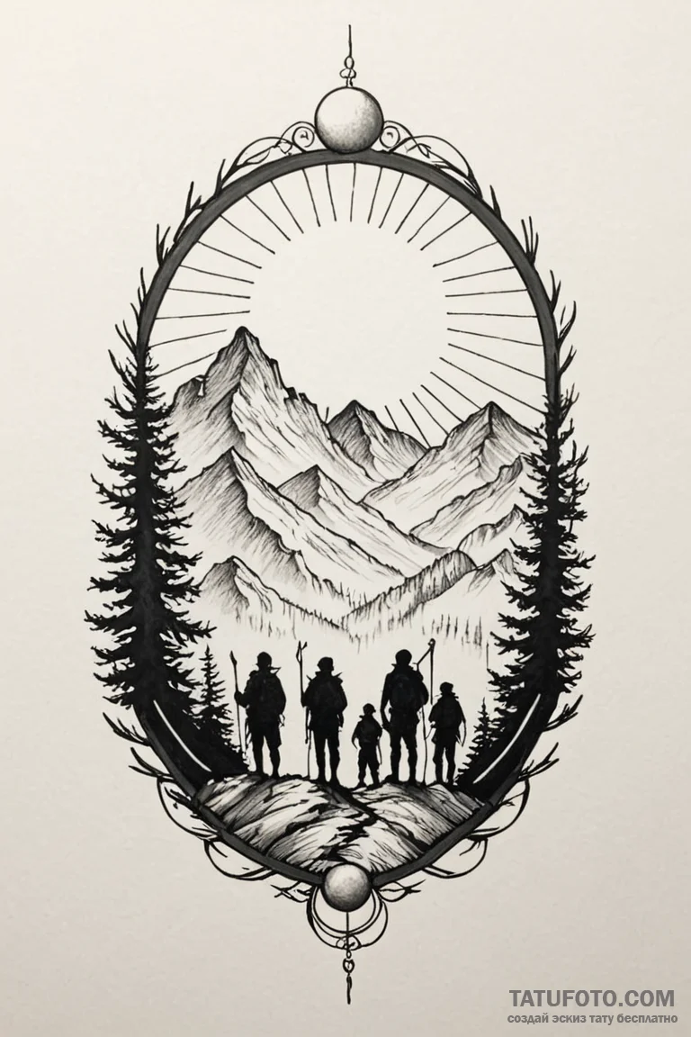 Tattoo sketch a group of adventurers silhouet... - эскиз тату (№1750916097_0, 26.06.2025 05:34) — Tatufoto.com