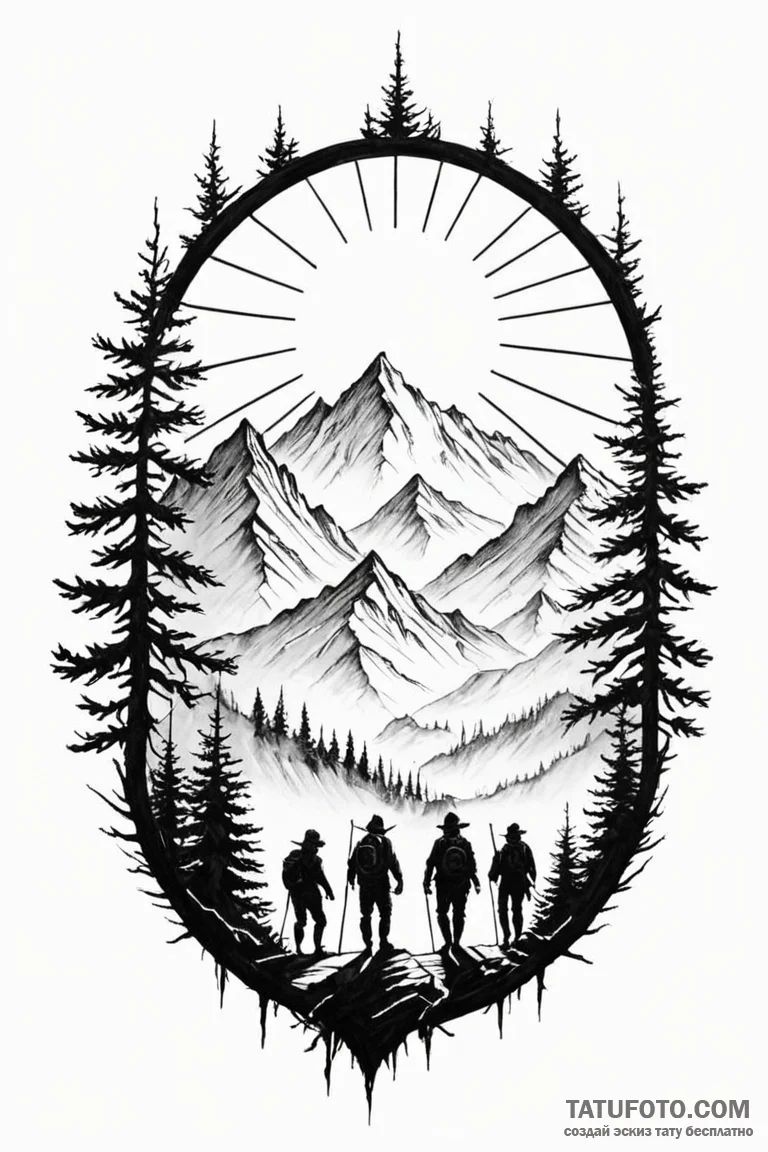 Tattoo sketch a group of adventurers silhouet... - эскиз тату (№1750916097_1, 26.06.2025 05:34) — Tatufoto.com