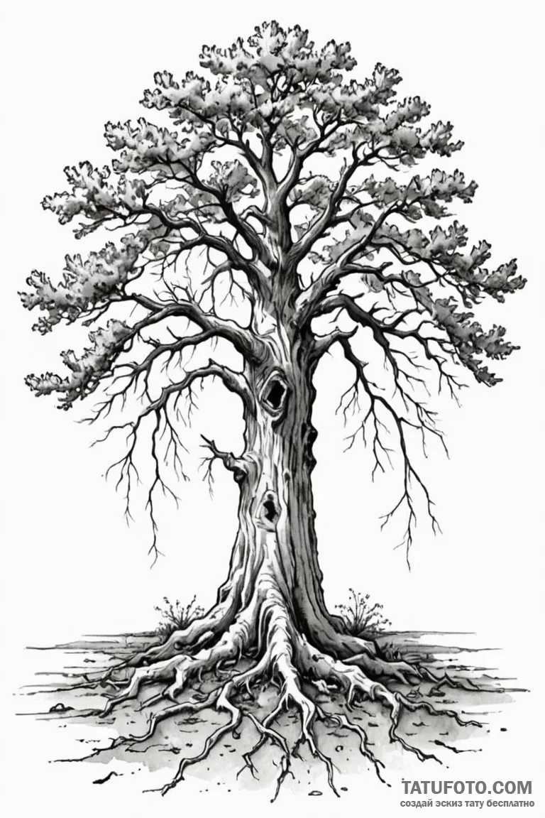 Tattoo design a single, strong oak tree with... - эскиз тату (№1750916918_0, 26.06.2025 05:48) — Tatufoto.com