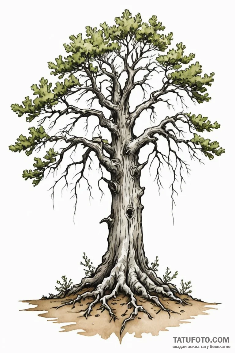 Tattoo design a single, strong oak tree with... - эскиз тату (№1750916918_1, 26.06.2025 05:48) — Tatufoto.com