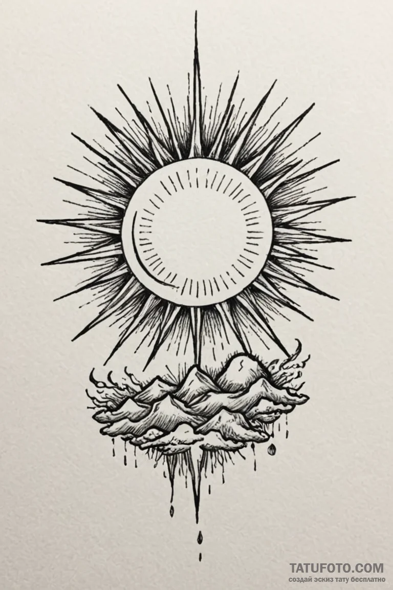 Tattoo sketch a sun breaking through dark clo... - эскиз тату (№1750920584_0, 26.06.2025 06:49) — Tatufoto.com