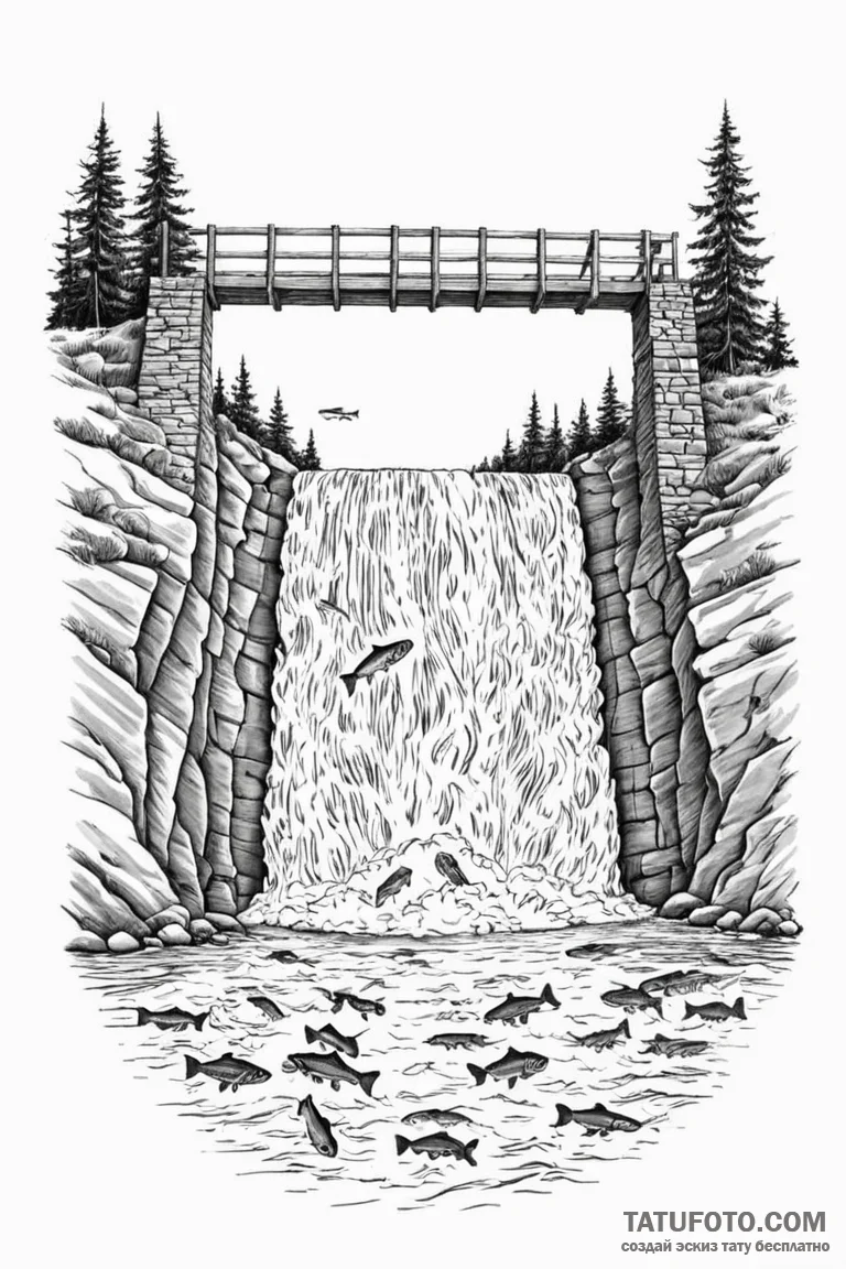 A shot of a salmon ladder at a dam, with fish... - эскиз тату (№1750922389_0, 26.06.2025 07:19) — Tatufoto.com