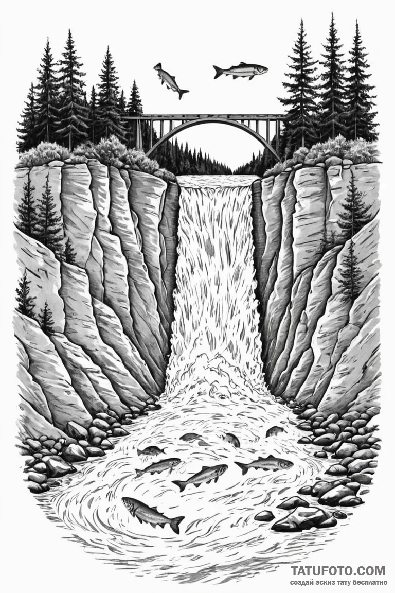 A shot of a salmon ladder at a dam, with fish... - эскиз тату (№1750922389_1, 26.06.2025 07:19) — Tatufoto.com