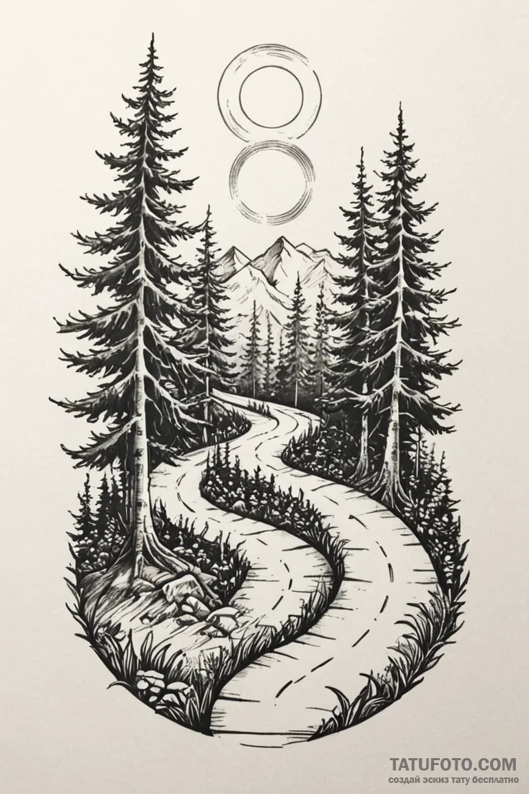 Tattoo design a winding path through a forest... - эскиз тату (№1750925042_0, 26.06.2025 08:04) — Tatufoto.com