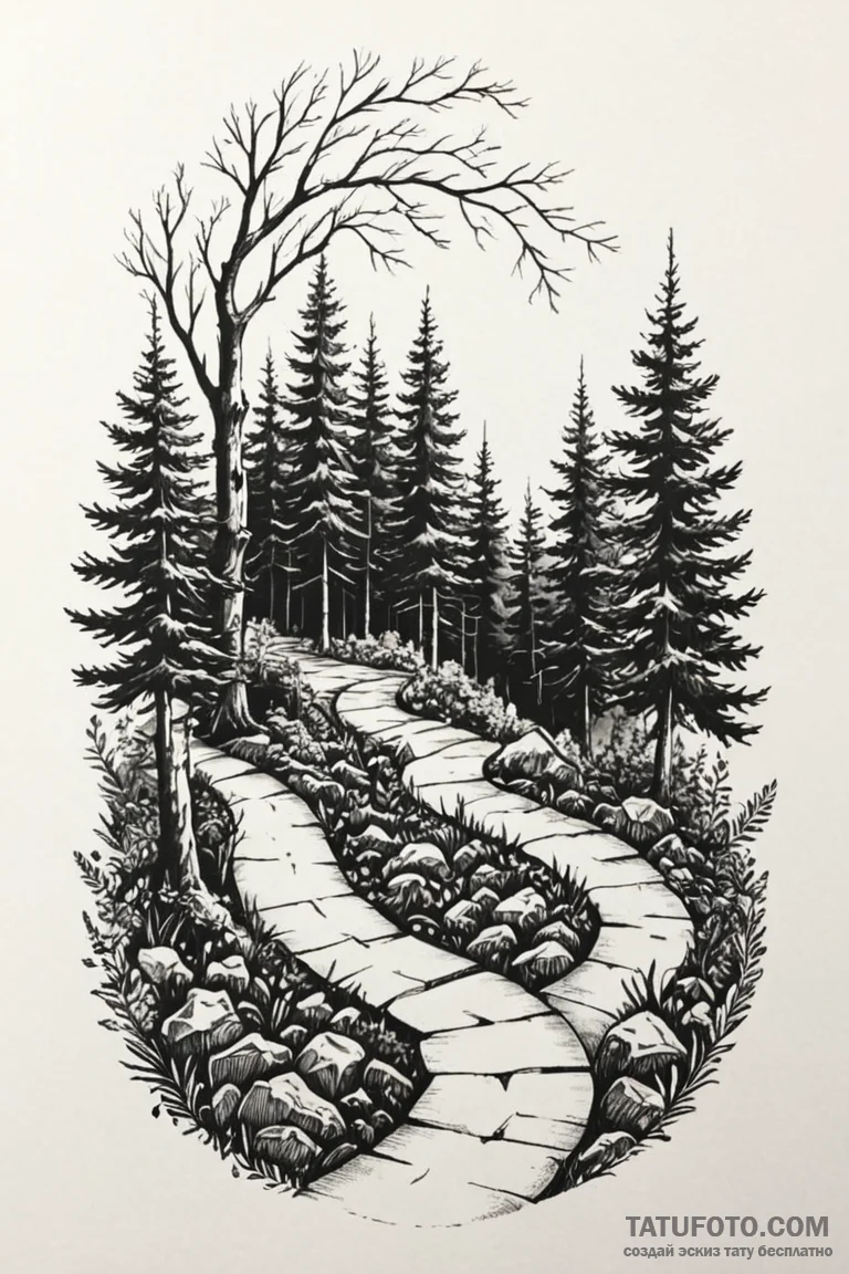 Tattoo design a winding path through a forest... - эскиз тату (№1750925042_1, 26.06.2025 08:04) — Tatufoto.com