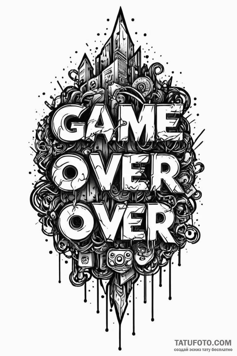 Tattoo sketch a "game over" message made of f... - эскиз тату (№1750925902_0, 26.06.2025 08:18) — Tatufoto.com