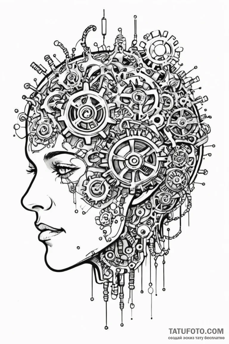 Tattoo sketch a brain with gears and circuits... - эскиз тату (№1750928633_0, 26.06.2025 09:03) — Tatufoto.com