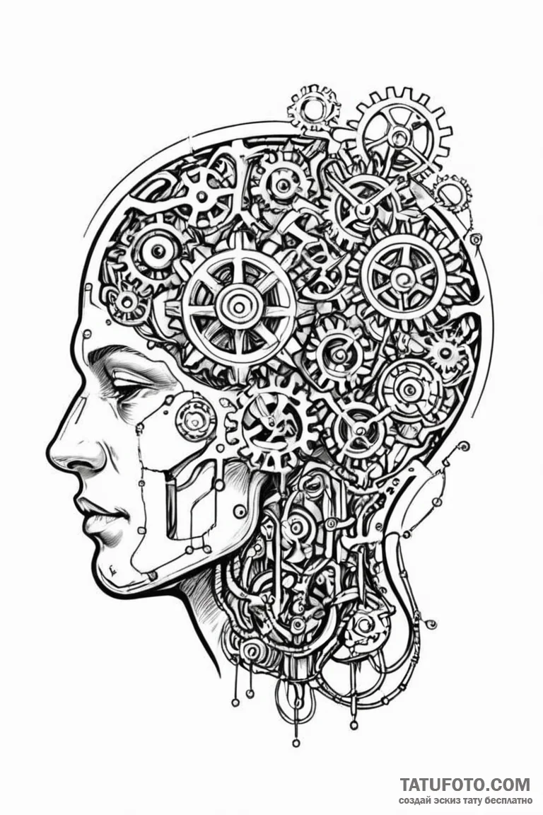 Tattoo sketch a brain with gears and circuits... - эскиз тату (№1750928633_1, 26.06.2025 09:03) — Tatufoto.com