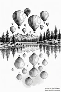 A group of hot air balloons reflected in a ca... - эскиз тату (№1750930183_0, 26.06.2025 09:29) — Tatufoto.com