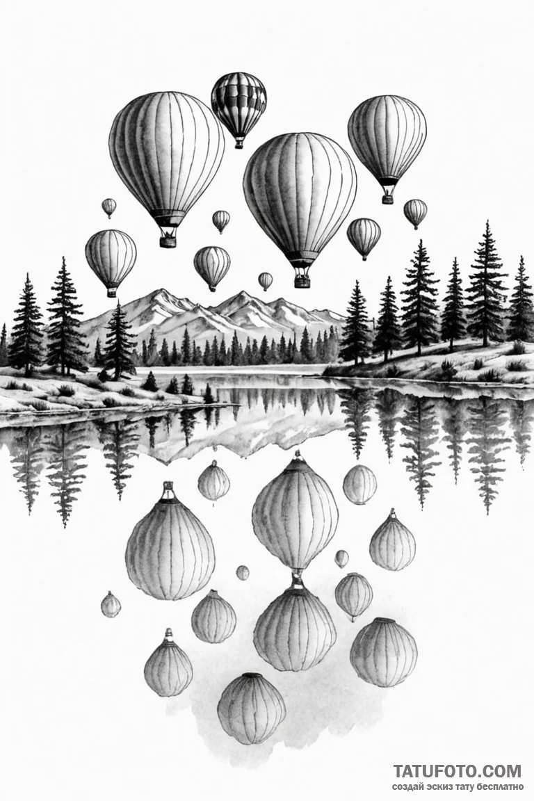 A group of hot air balloons reflected in a ca... - эскиз тату (№1750930183_0, 26.06.2025 09:29) — Tatufoto.com