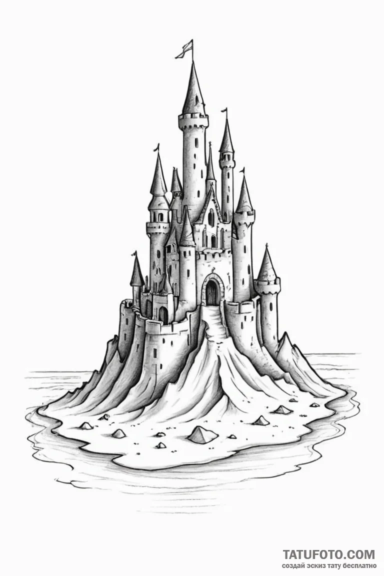 A sandcastle on a beach, with the tide coming... - эскиз тату (№1750932199_0, 26.06.2025 10:03) — Tatufoto.com