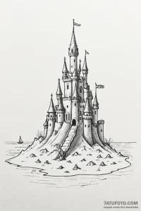 A sandcastle on a beach, with the tide coming... - эскиз тату (№1750932199_1, 26.06.2025 10:03) — Tatufoto.com