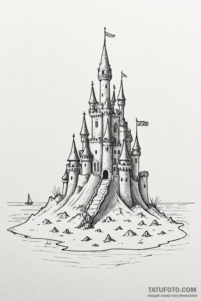 A sandcastle on a beach, with the tide coming... - эскиз тату (№1750932199_1, 26.06.2025 10:03) — Tatufoto.com