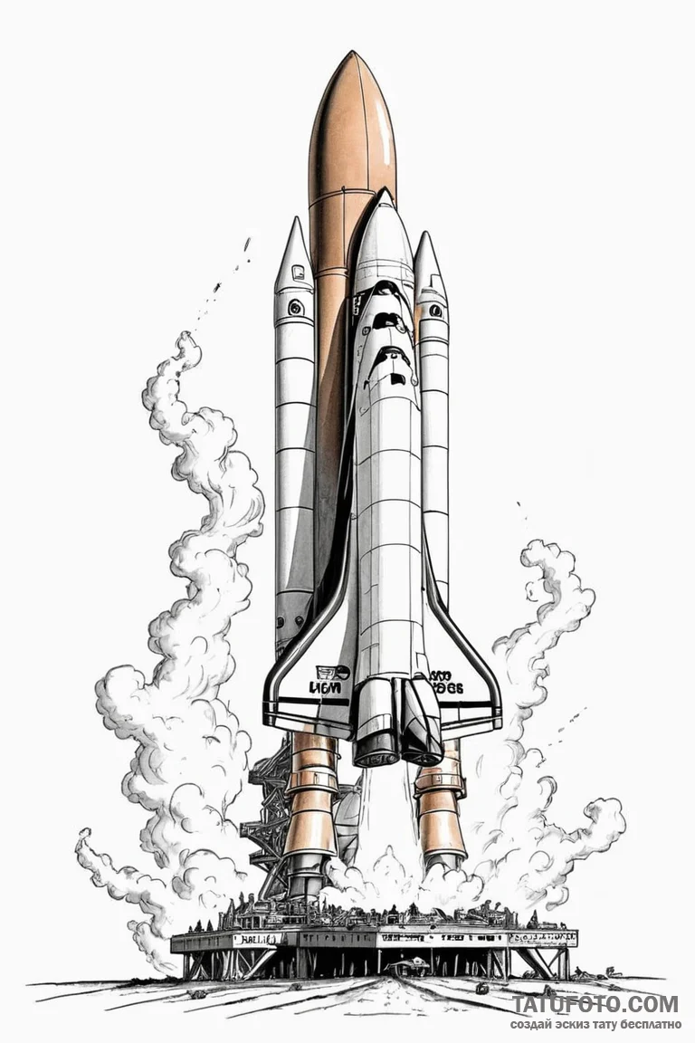 A space shuttle on the launchpad, steam billo... - эскиз тату (№1750936007_1, 26.06.2025 11:06) — Tatufoto.com
