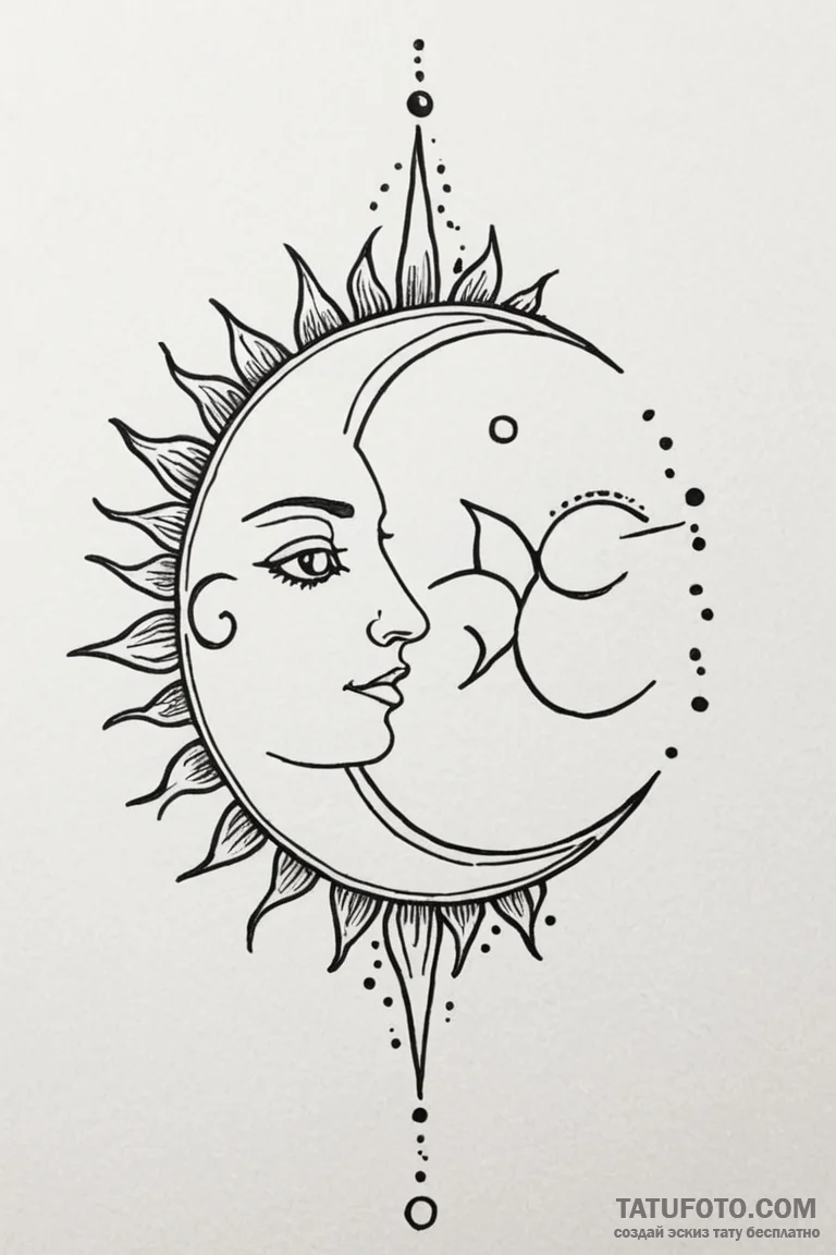 Tattoo sketch a minimalist sun and moon, half... - эскиз тату (№1750942641_0, 26.06.2025 12:57) — Tatufoto.com